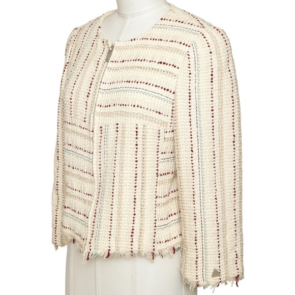 CHANEL Striped Tweed Jacket Blazer Ivory Cropped 3/4 Sleeve Chain Sz XS VINTAGE - Picture 4 of 9
